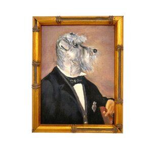 Dog Portrait Sophisticated Terroir in Suit Painting Oil on Board Golden Frame